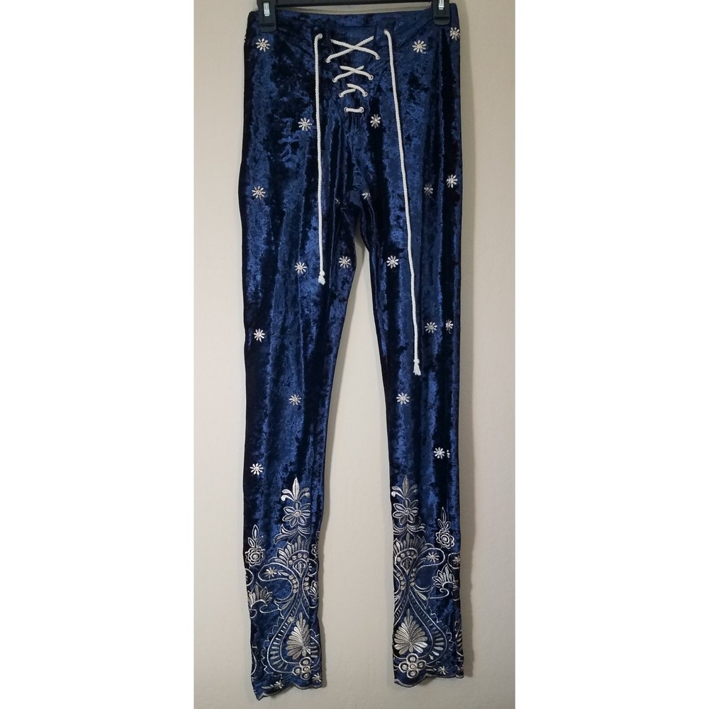 Lenni The Label Velvet Pants Small S Velour‎ Embroidered Lace-Up Navy Blue